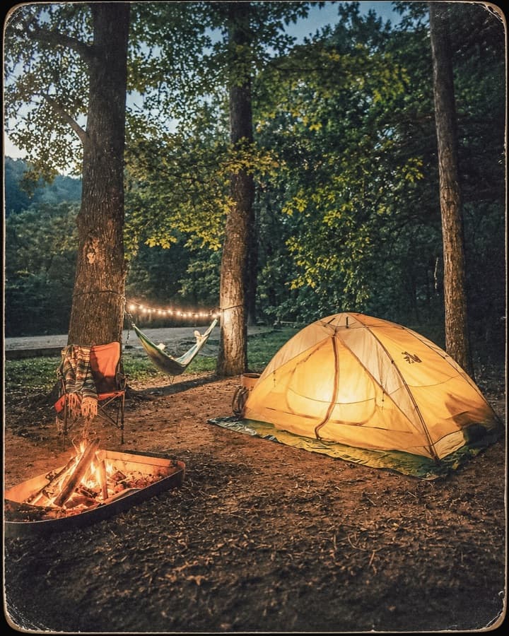Tent and hammock at a Missouri campsite