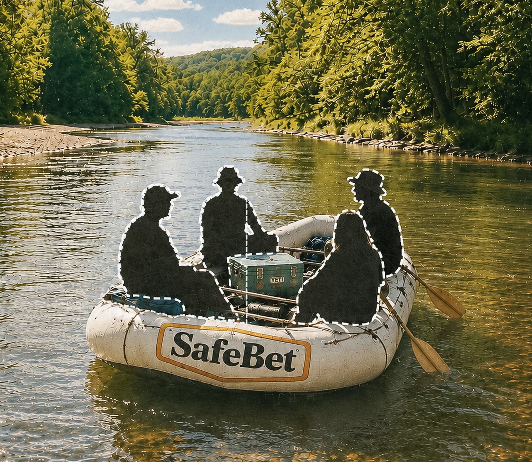 Three friends floating a Missouri river in a Safe Bet raft